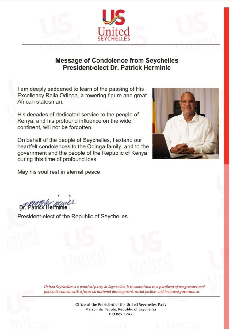 Condolences message from the President-Elect of the Republic of Seychelles H.E Dr. Patrick Herminie