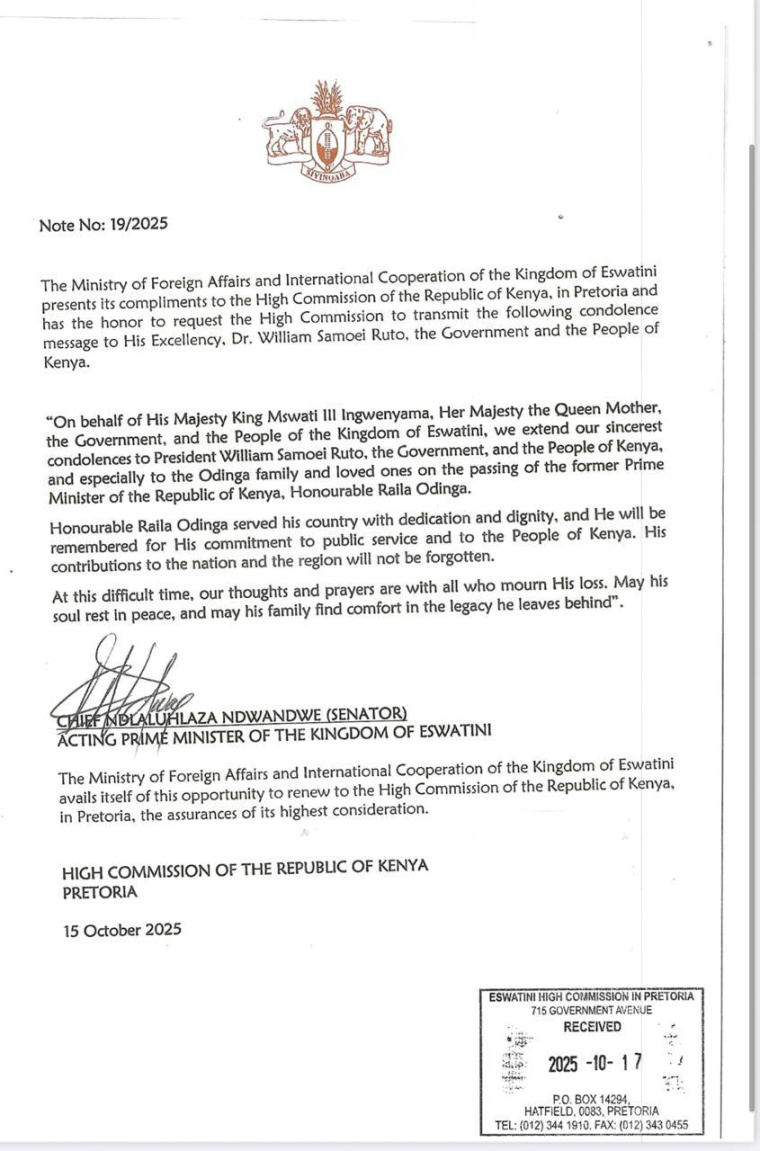 Condolence message from King Mswati of Eswatini